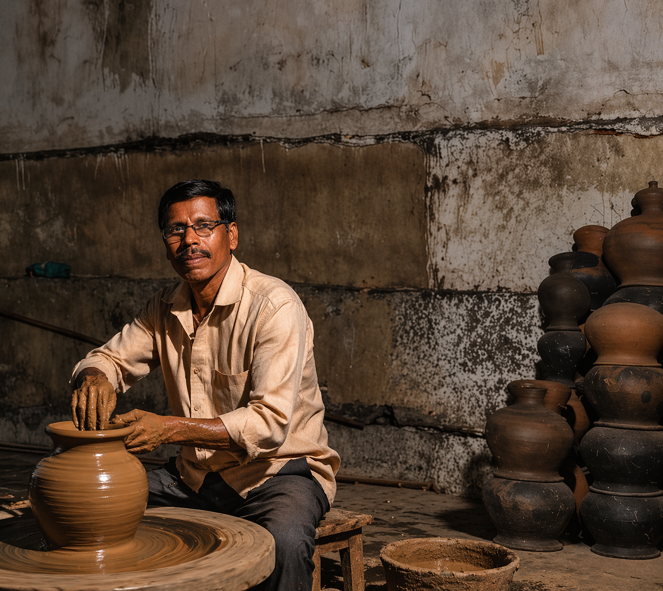 Master potter shaping clay by hand at the wheel